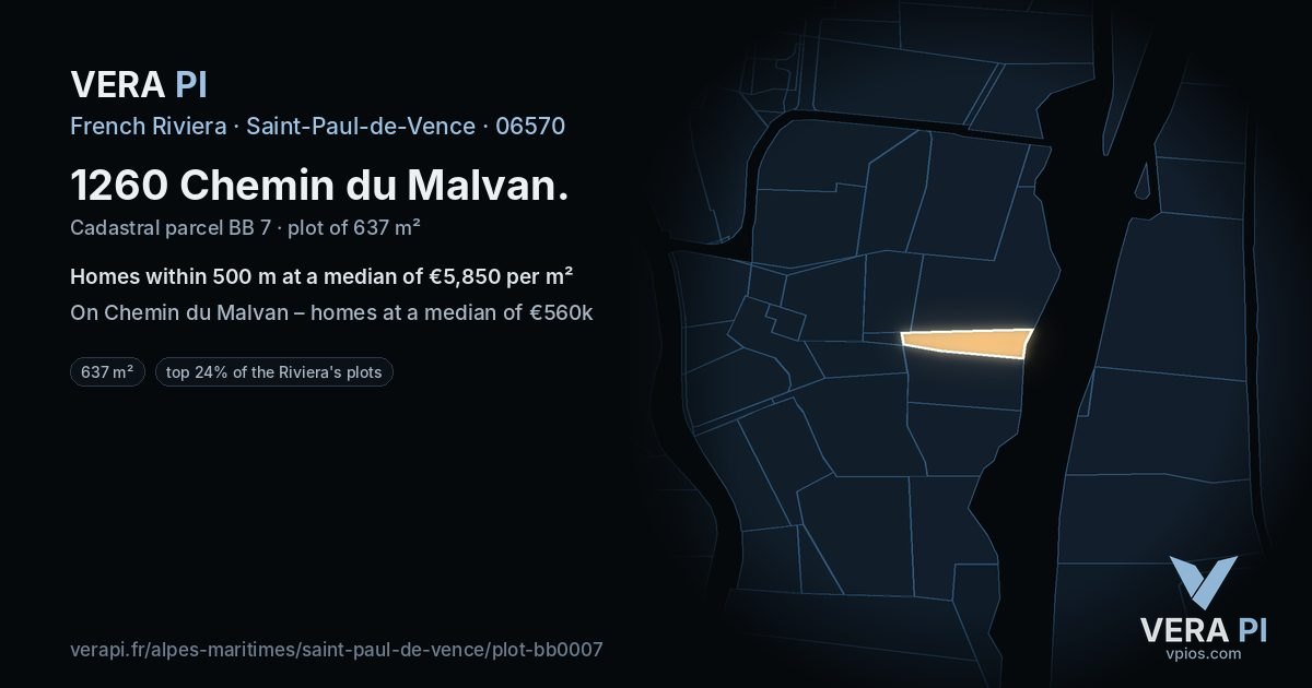1260 Chemin du Malvan, Saint-Paul-de-Vence at night – the plot lit, the parcels around coloured by the prices near them