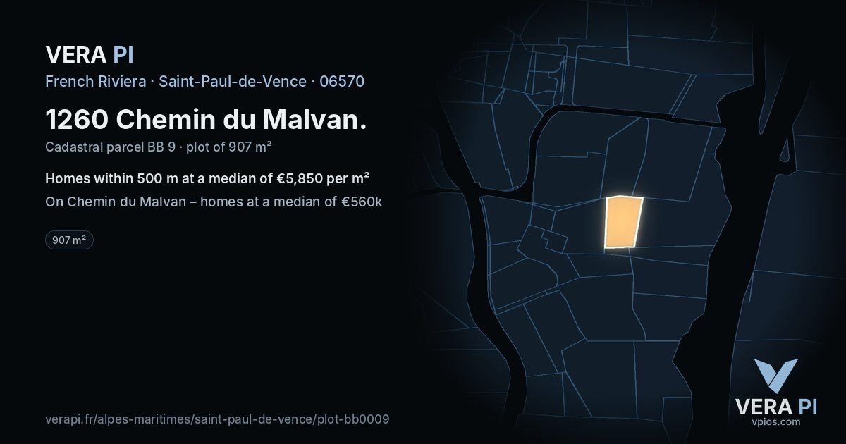 1260 Chemin du Malvan, Saint-Paul-de-Vence at night – the plot lit, the parcels around coloured by the prices near them