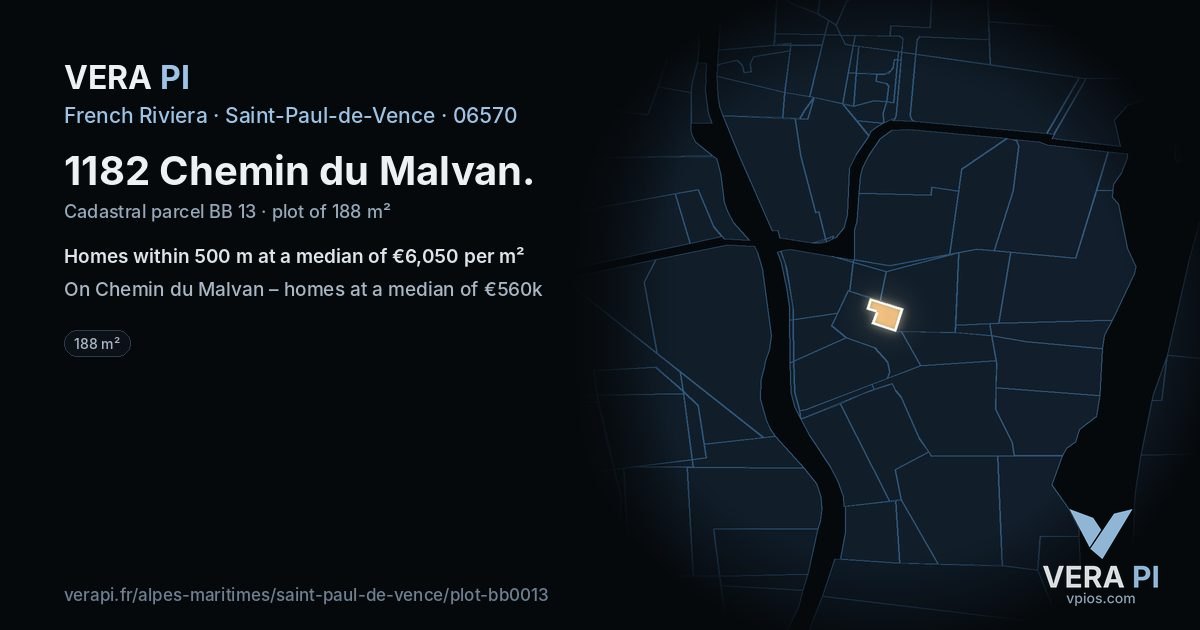 1182 Chemin du Malvan, Saint-Paul-de-Vence at night – the plot lit, the parcels around coloured by the prices near them