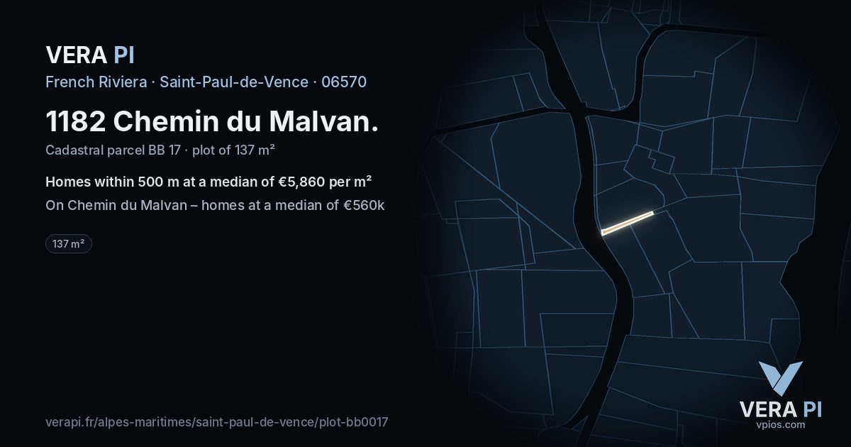 1182 Chemin du Malvan, Saint-Paul-de-Vence at night – the plot lit, the parcels around coloured by the prices near them