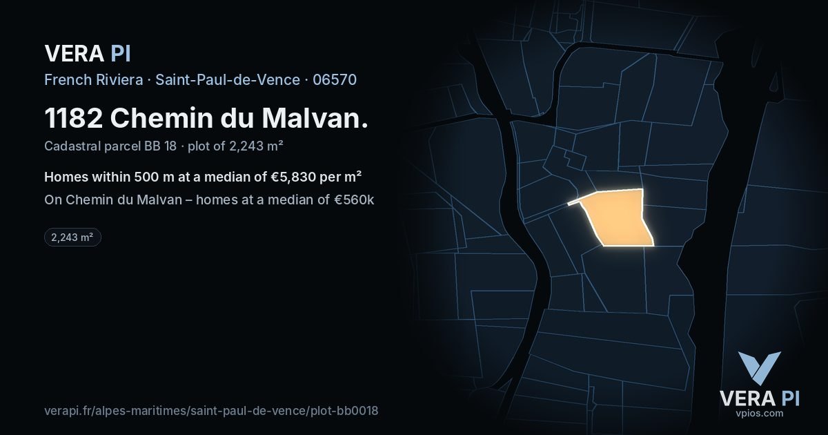 1182 Chemin du Malvan, Saint-Paul-de-Vence at night – the plot lit, the parcels around coloured by the prices near them
