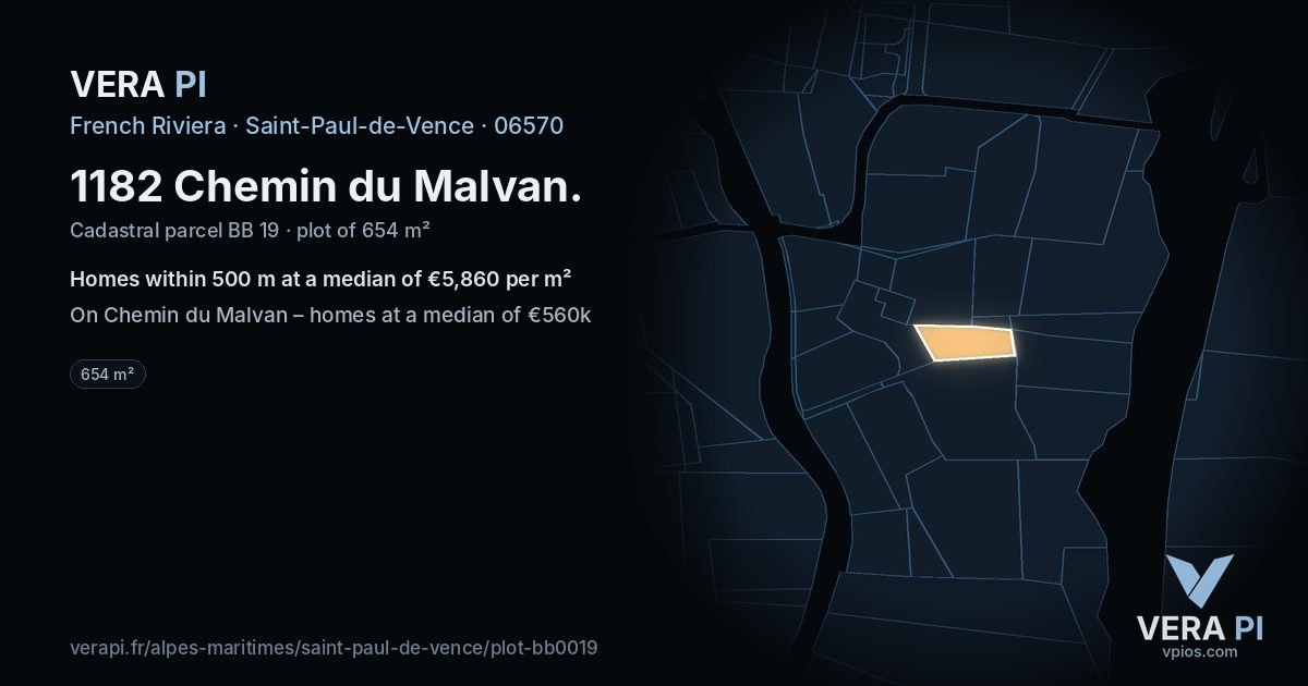 1182 Chemin du Malvan, Saint-Paul-de-Vence at night – the plot lit, the parcels around coloured by the prices near them