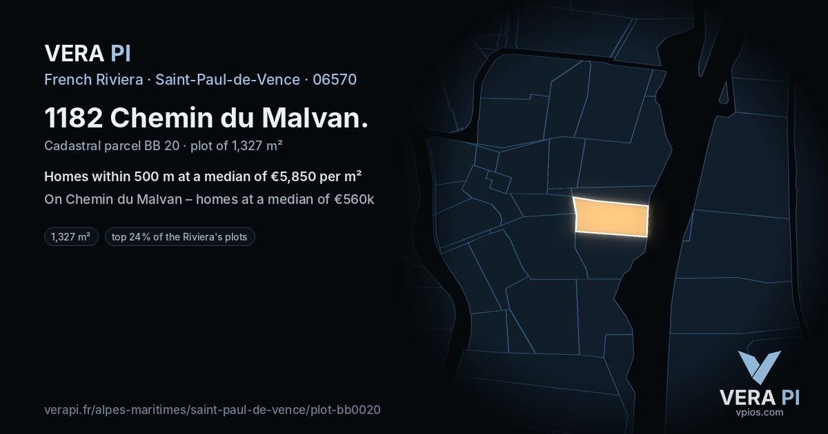 1182 Chemin du Malvan, Saint-Paul-de-Vence at night – the plot lit, the parcels around coloured by the prices near them