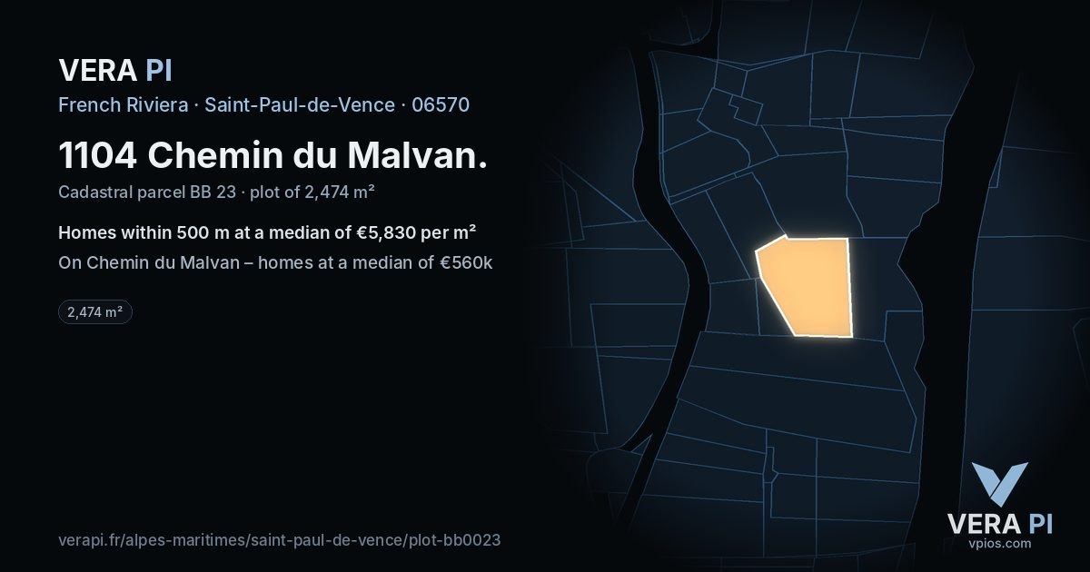 1104 Chemin du Malvan, Saint-Paul-de-Vence at night – the plot lit, the parcels around coloured by the prices near them