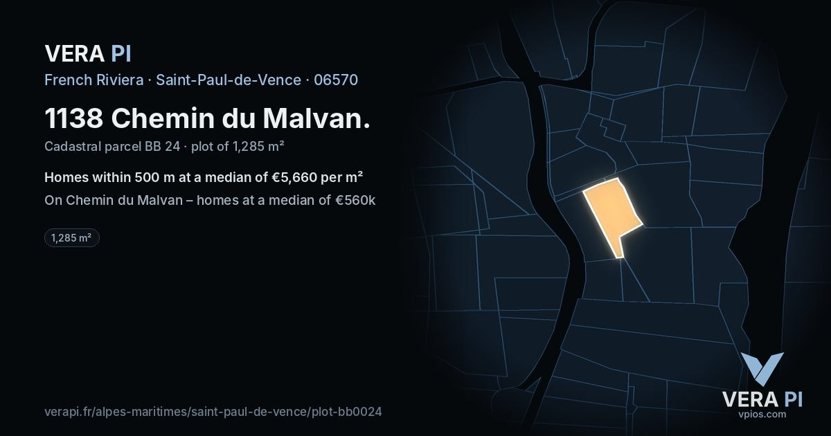 1138 Chemin du Malvan, Saint-Paul-de-Vence at night – the plot lit, the parcels around coloured by the prices near them