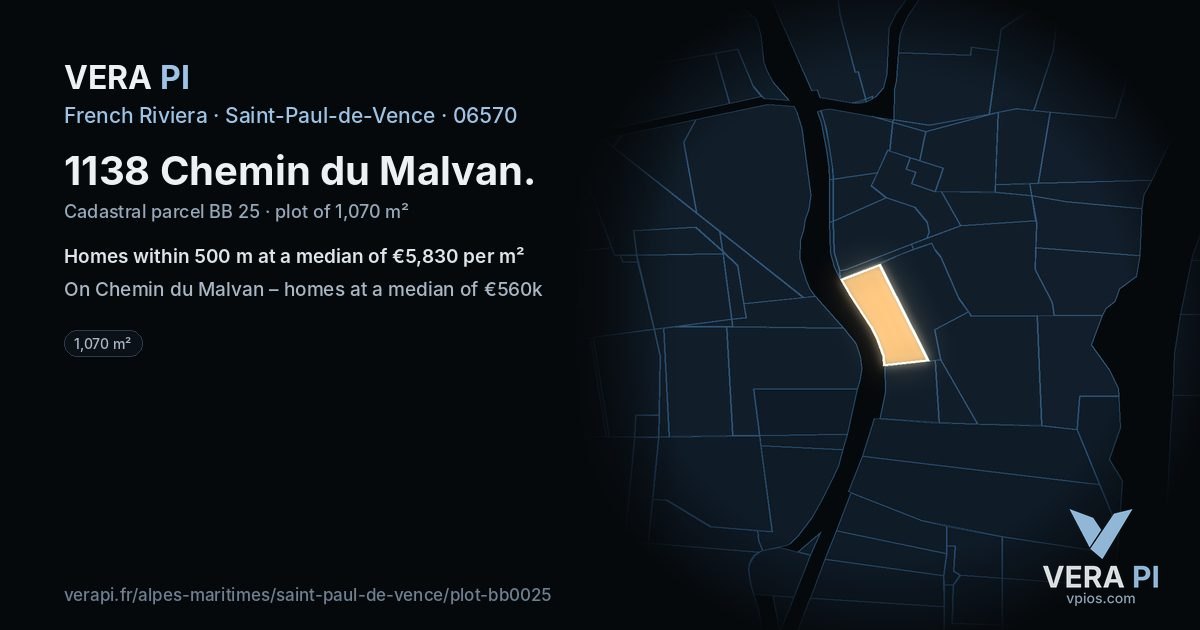 1138 Chemin du Malvan, Saint-Paul-de-Vence at night – the plot lit, the parcels around coloured by the prices near them