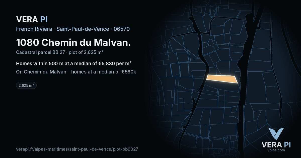 1080 Chemin du Malvan, Saint-Paul-de-Vence at night – the plot lit, the parcels around coloured by the prices near them