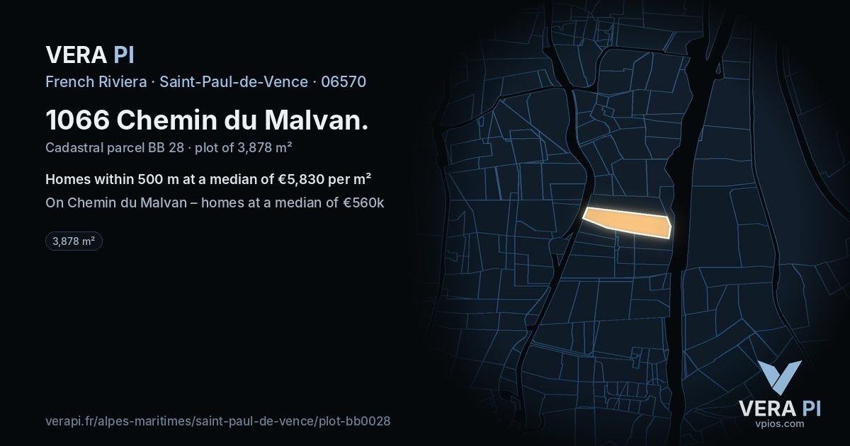 1066 Chemin du Malvan, Saint-Paul-de-Vence at night – the plot lit, the parcels around coloured by the prices near them