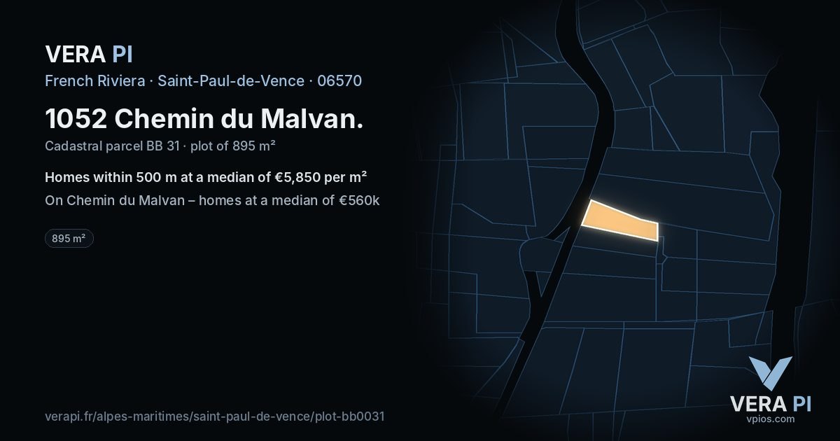 1052 Chemin du Malvan, Saint-Paul-de-Vence at night – the plot lit, the parcels around coloured by the prices near them