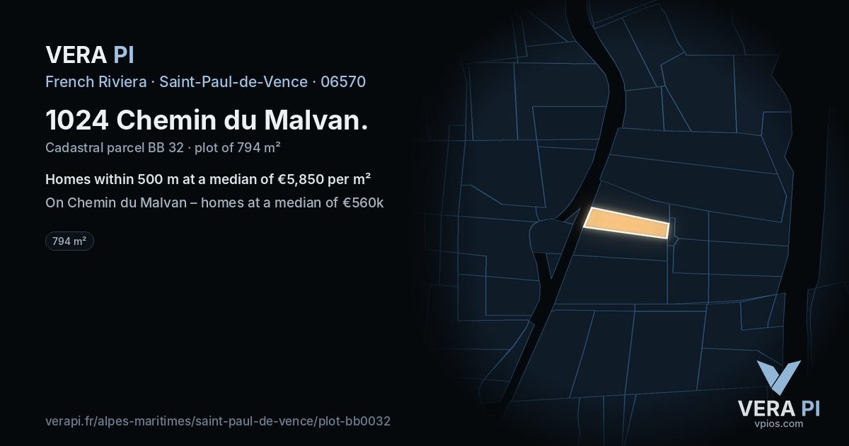 1024 Chemin du Malvan, Saint-Paul-de-Vence at night – the plot lit, the parcels around coloured by the prices near them