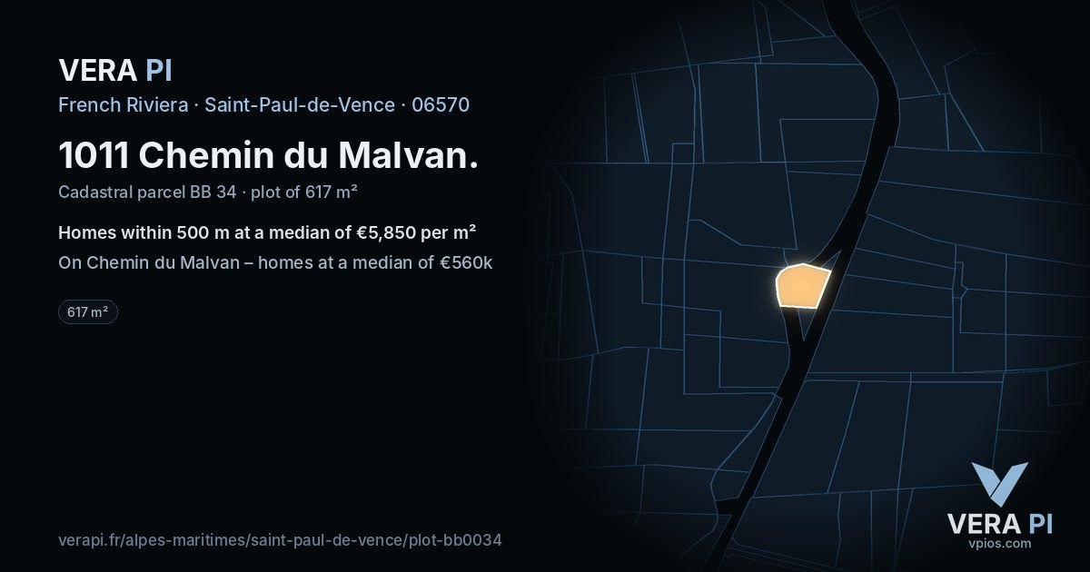 1011 Chemin du Malvan, Saint-Paul-de-Vence at night – the plot lit, the parcels around coloured by the prices near them