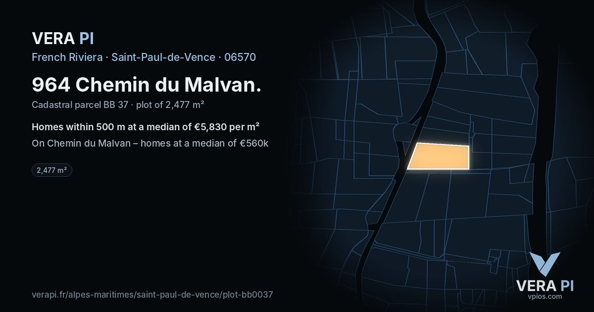964 Chemin du Malvan, Saint-Paul-de-Vence at night – the plot lit, the parcels around coloured by the prices near them