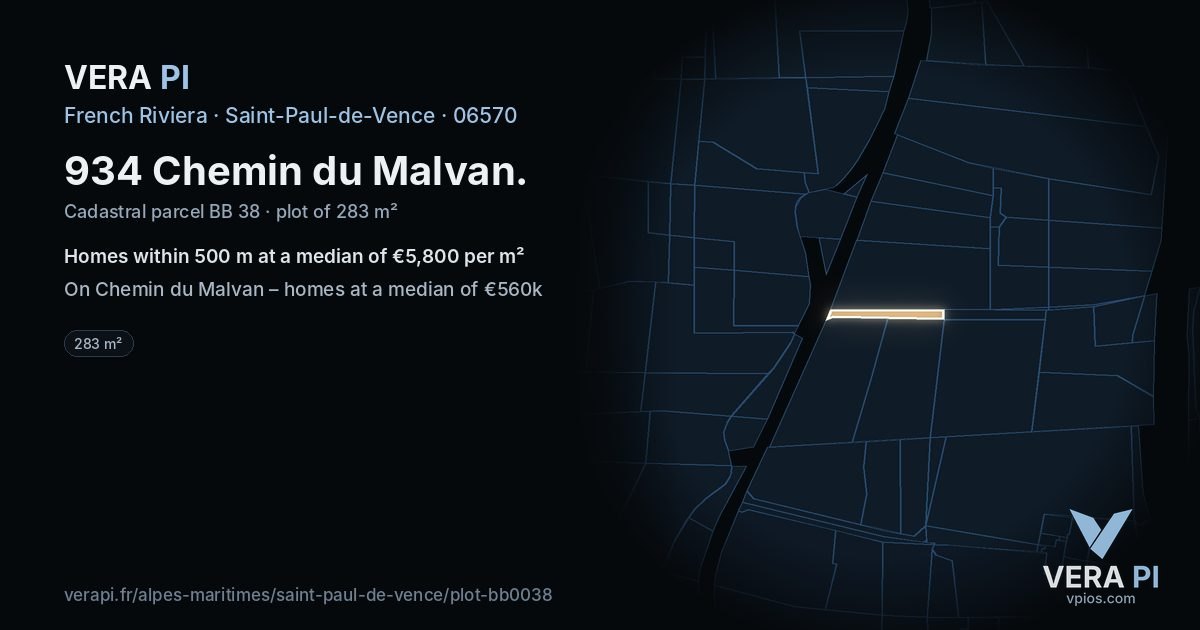 934 Chemin du Malvan, Saint-Paul-de-Vence at night – the plot lit, the parcels around coloured by the prices near them