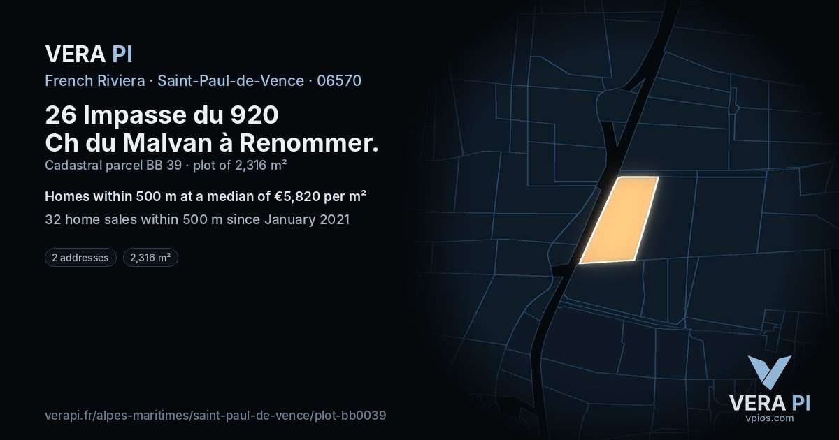 26 Impasse du 920 Ch du Malvan à Renommer, Saint-Paul-de-Vence at night – the plot lit, the parcels around coloured by the prices near them