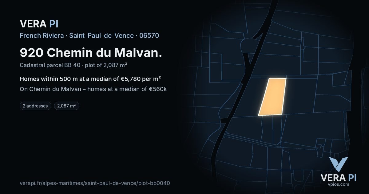 920 Chemin du Malvan, Saint-Paul-de-Vence at night – the plot lit, the parcels around coloured by the prices near them