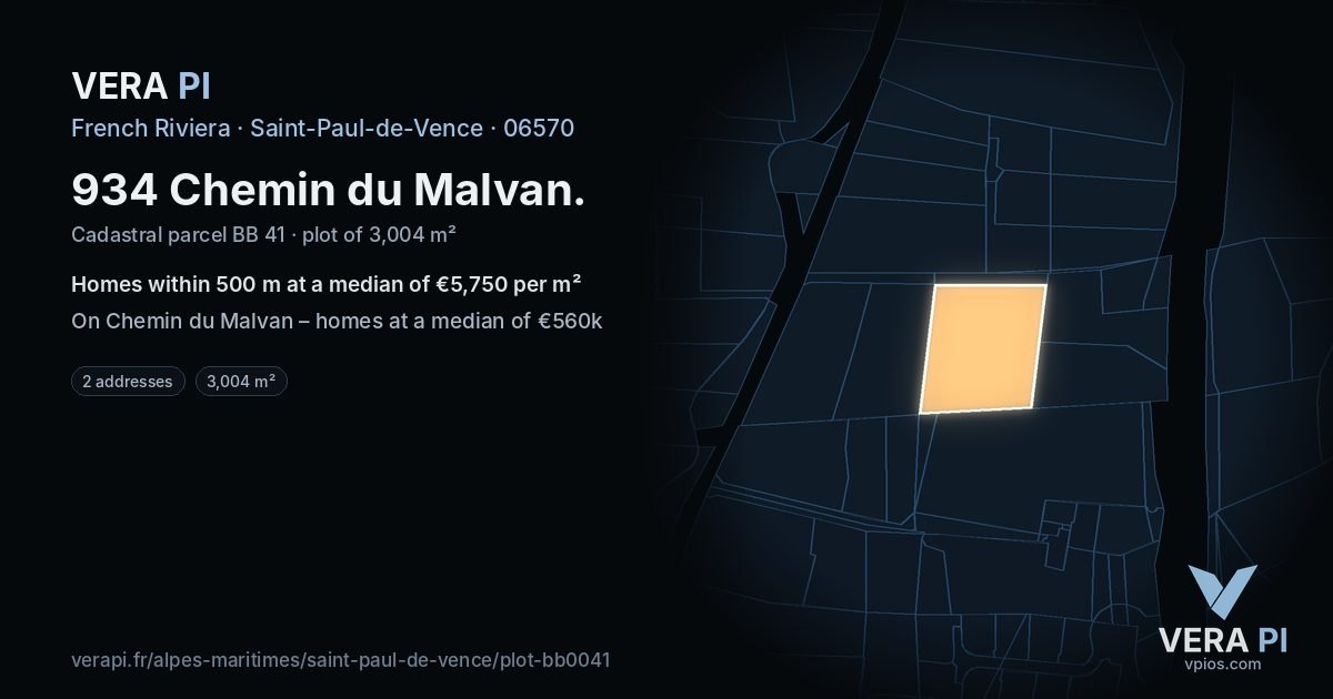 934 Chemin du Malvan, Saint-Paul-de-Vence at night – the plot lit, the parcels around coloured by the prices near them