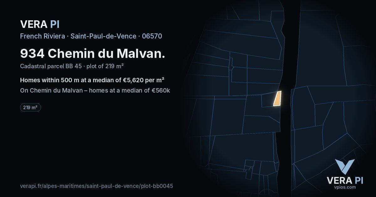 934 Chemin du Malvan, Saint-Paul-de-Vence at night – the plot lit, the parcels around coloured by the prices near them