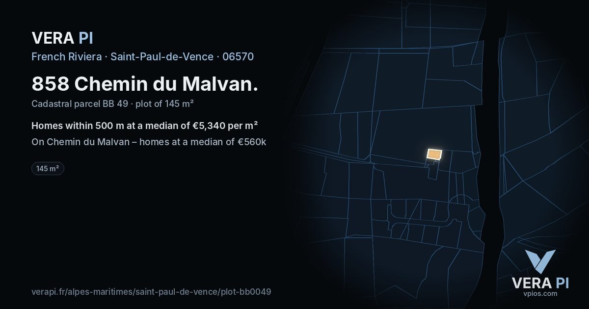 858 Chemin du Malvan, Saint-Paul-de-Vence at night – the plot lit, the parcels around coloured by the prices near them