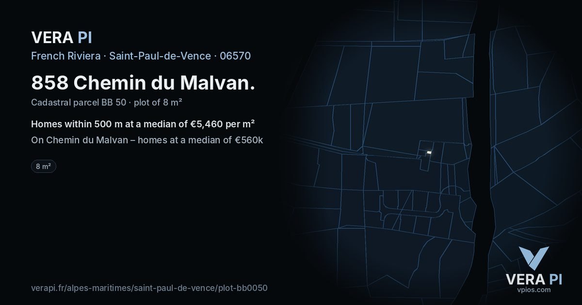 858 Chemin du Malvan, Saint-Paul-de-Vence at night – the plot lit, the parcels around coloured by the prices near them