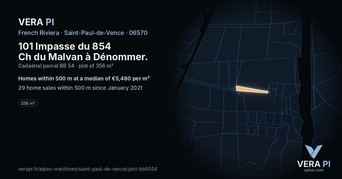 101 Impasse du 854 Ch du Malvan à Dénommer, Saint-Paul-de-Vence at night – the plot lit, the parcels around coloured by the prices near them