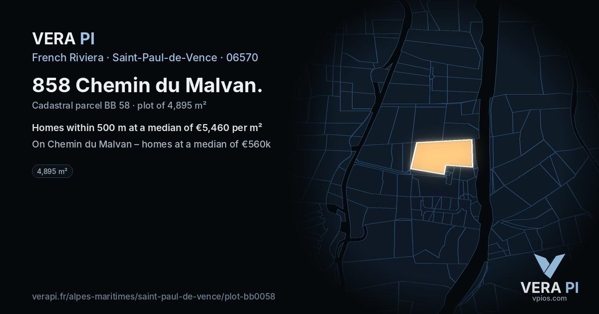 858 Chemin du Malvan, Saint-Paul-de-Vence at night – the plot lit, the parcels around coloured by the prices near them