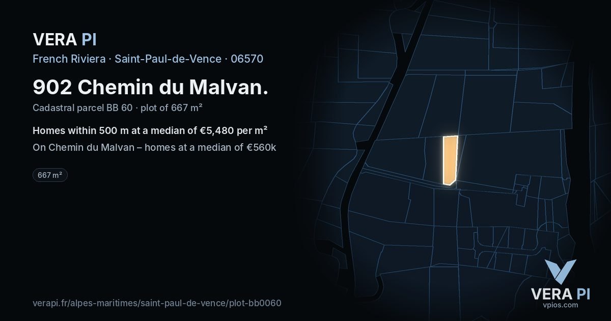 902 Chemin du Malvan, Saint-Paul-de-Vence at night – the plot lit, the parcels around coloured by the prices near them