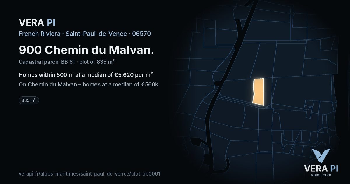 900 Chemin du Malvan, Saint-Paul-de-Vence at night – the plot lit, the parcels around coloured by the prices near them