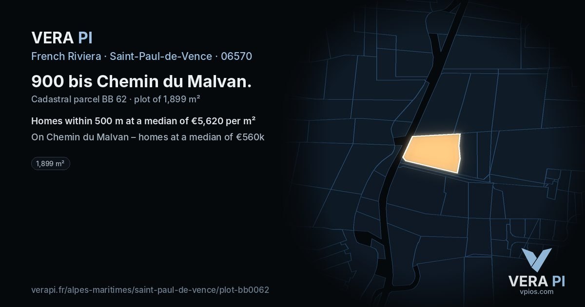 900 bis Chemin du Malvan, Saint-Paul-de-Vence at night – the plot lit, the parcels around coloured by the prices near them