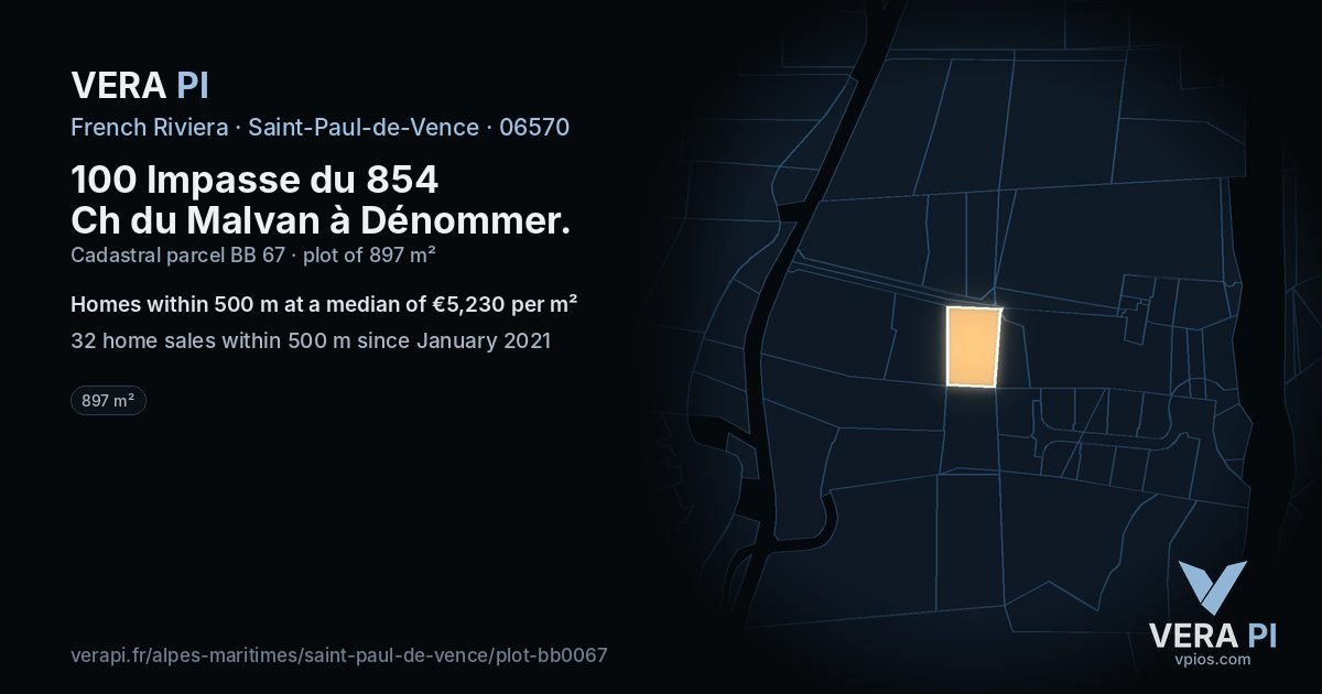 100 Impasse du 854 Ch du Malvan à Dénommer, Saint-Paul-de-Vence at night – the plot lit, the parcels around coloured by the prices near them