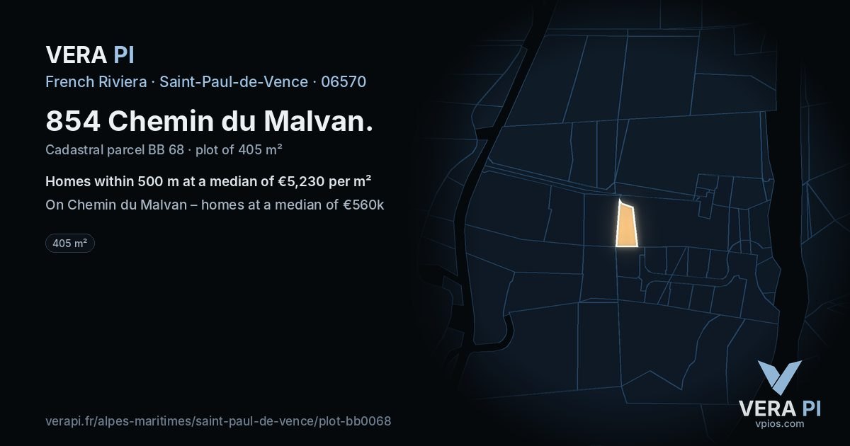 854 Chemin du Malvan, Saint-Paul-de-Vence at night – the plot lit, the parcels around coloured by the prices near them