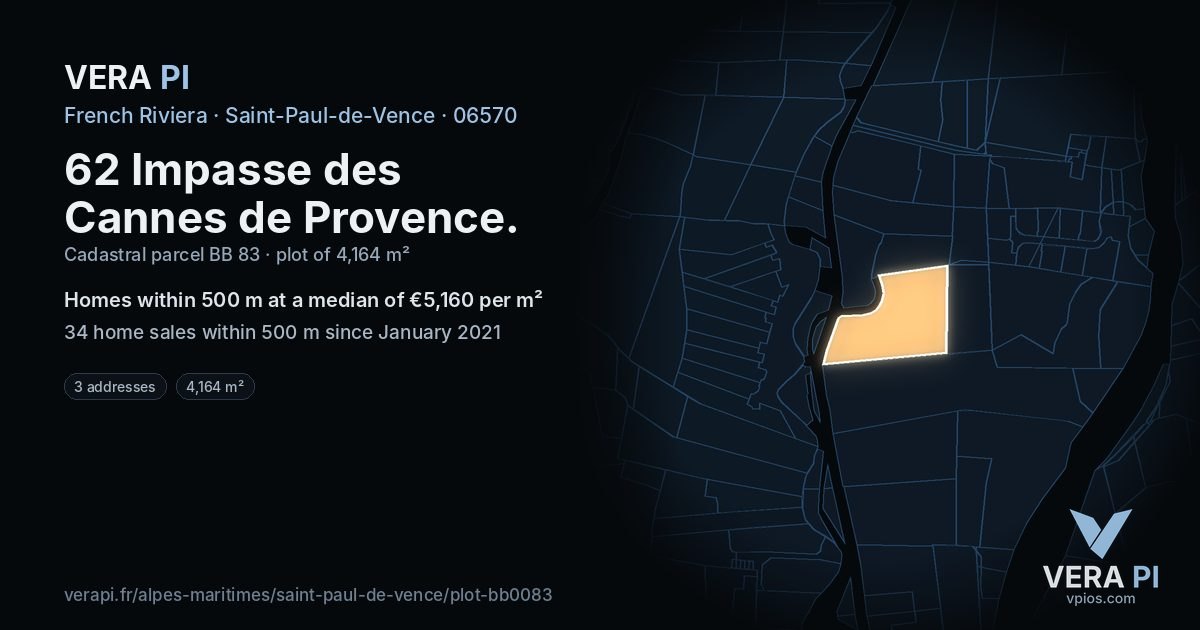 62 Impasse des Cannes de Provence, Saint-Paul-de-Vence at night – the plot lit, the parcels around coloured by the prices near them
