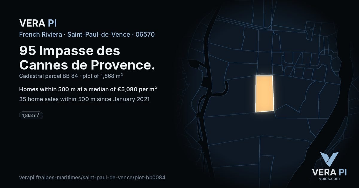 95 Impasse des Cannes de Provence, Saint-Paul-de-Vence at night – the plot lit, the parcels around coloured by the prices near them