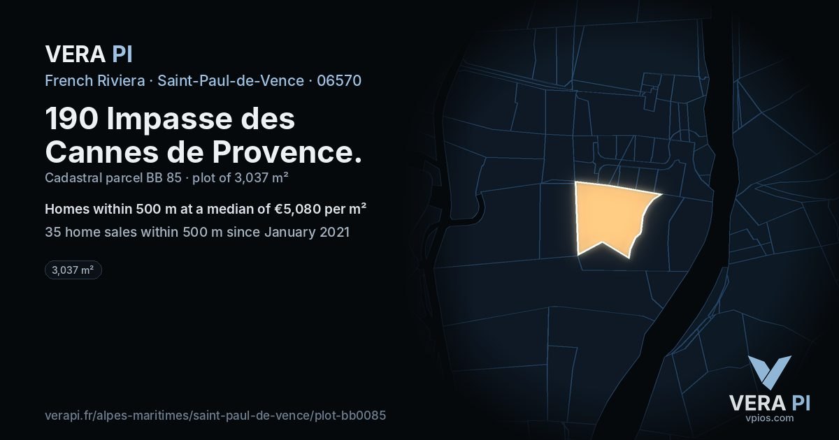 190 Impasse des Cannes de Provence, Saint-Paul-de-Vence at night – the plot lit, the parcels around coloured by the prices near them
