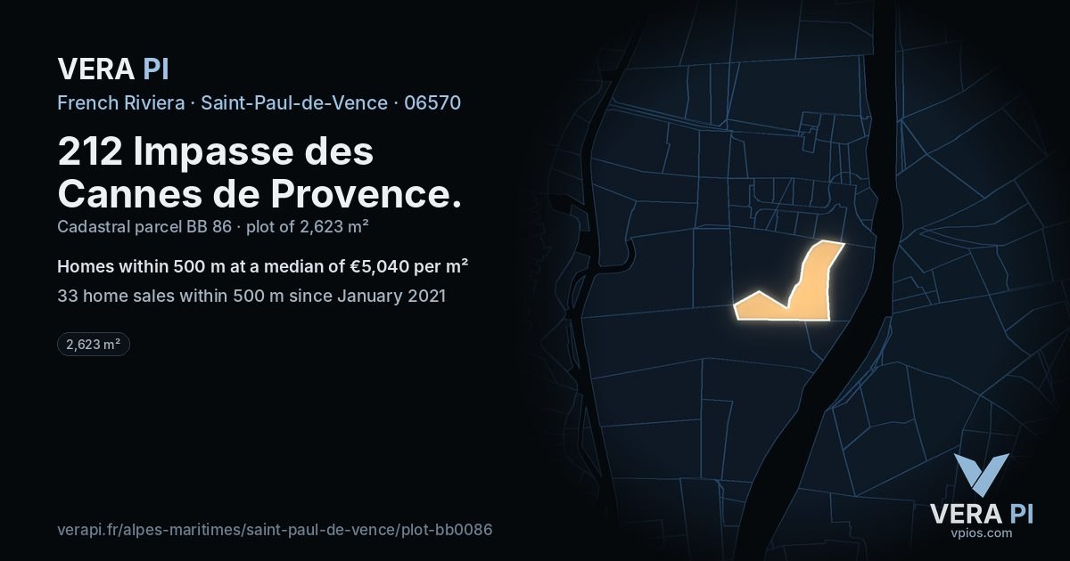 212 Impasse des Cannes de Provence, Saint-Paul-de-Vence at night – the plot lit, the parcels around coloured by the prices near them