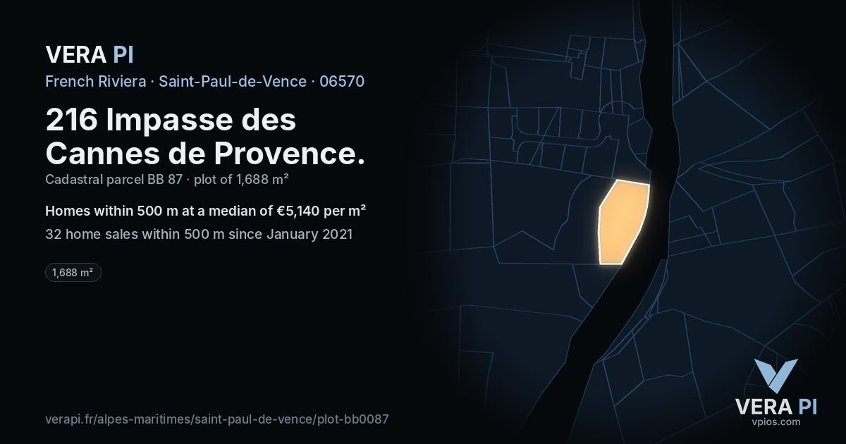 216 Impasse des Cannes de Provence, Saint-Paul-de-Vence at night – the plot lit, the parcels around coloured by the prices near them