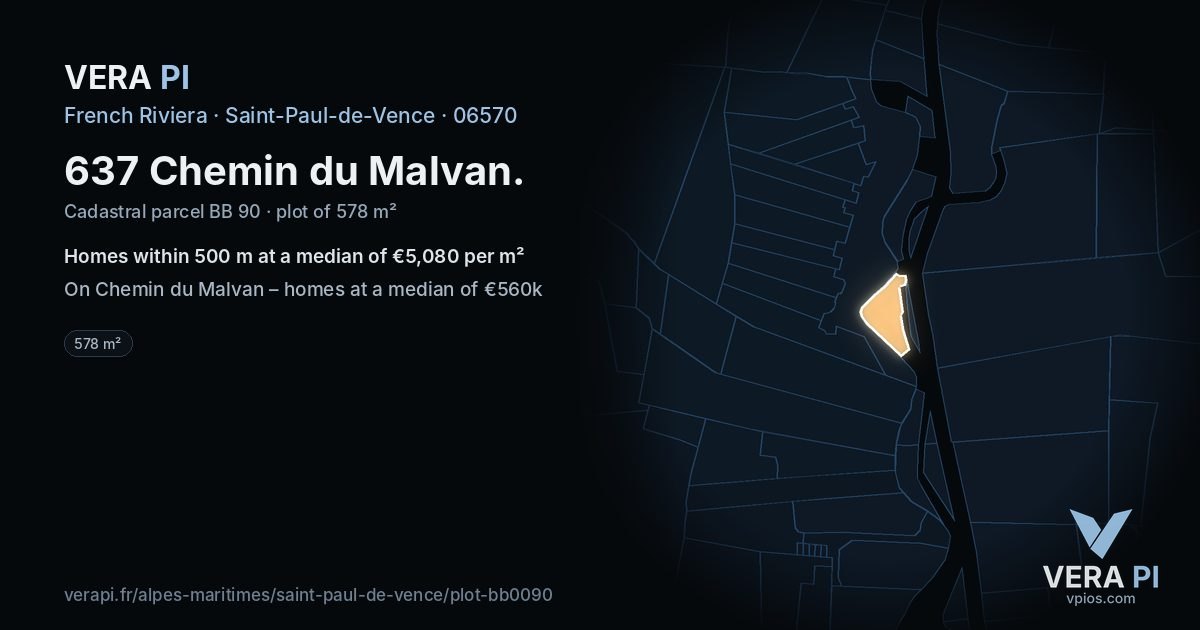 637 Chemin du Malvan, Saint-Paul-de-Vence at night – the plot lit, the parcels around coloured by the prices near them