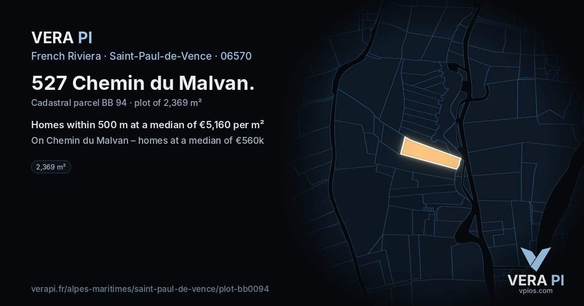 527 Chemin du Malvan, Saint-Paul-de-Vence at night – the plot lit, the parcels around coloured by the prices near them