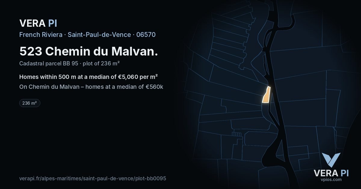 523 Chemin du Malvan, Saint-Paul-de-Vence at night – the plot lit, the parcels around coloured by the prices near them