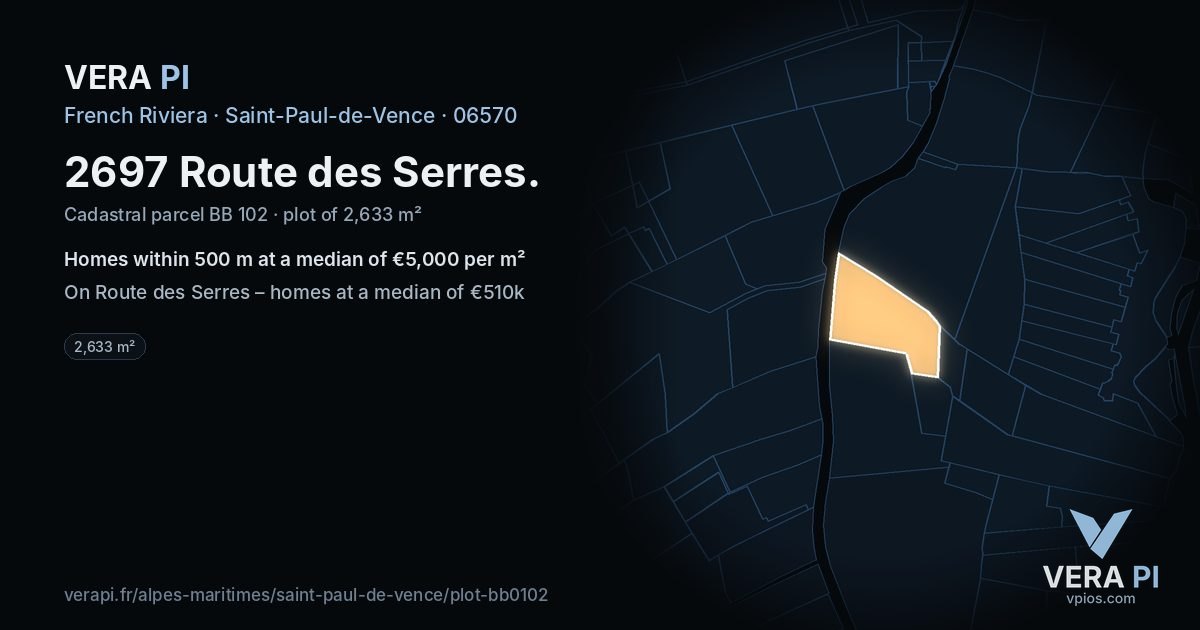 2697 Route des Serres, Saint-Paul-de-Vence at night – the plot lit, the parcels around coloured by the prices near them