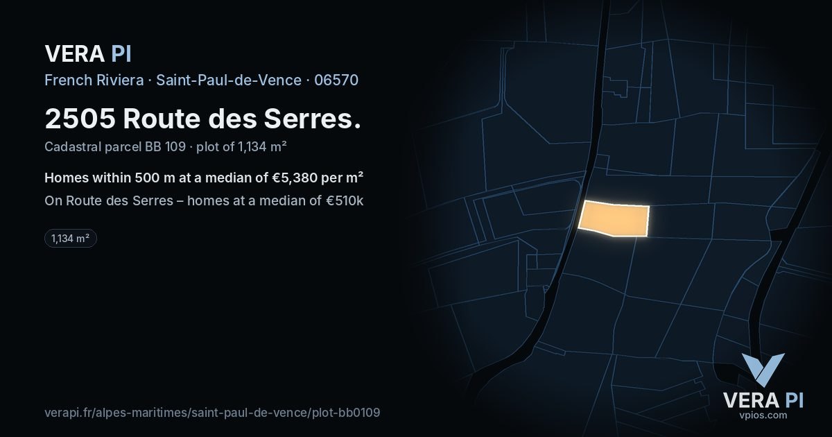 2505 Route des Serres, Saint-Paul-de-Vence at night – the plot lit, the parcels around coloured by the prices near them