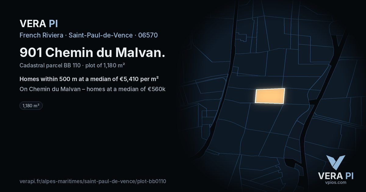 901 Chemin du Malvan, Saint-Paul-de-Vence at night – the plot lit, the parcels around coloured by the prices near them