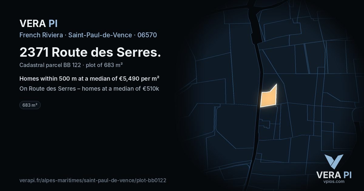 2371 Route des Serres, Saint-Paul-de-Vence at night – the plot lit, the parcels around coloured by the prices near them