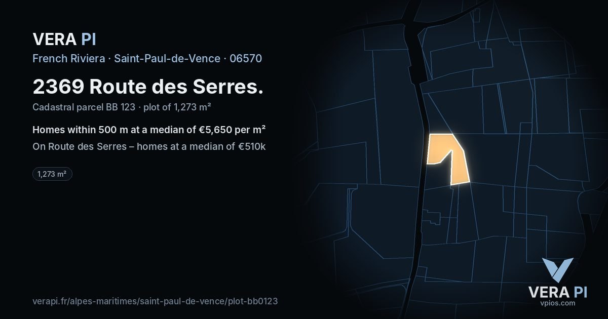 2369 Route des Serres, Saint-Paul-de-Vence at night – the plot lit, the parcels around coloured by the prices near them