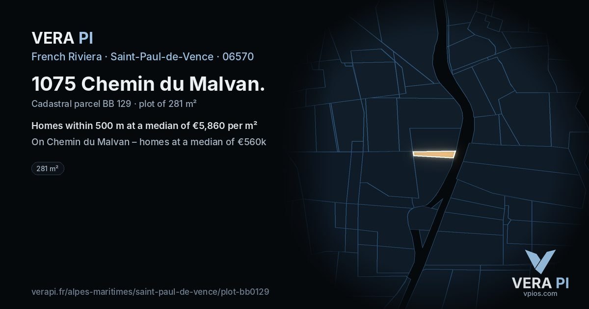 1075 Chemin du Malvan, Saint-Paul-de-Vence at night – the plot lit, the parcels around coloured by the prices near them