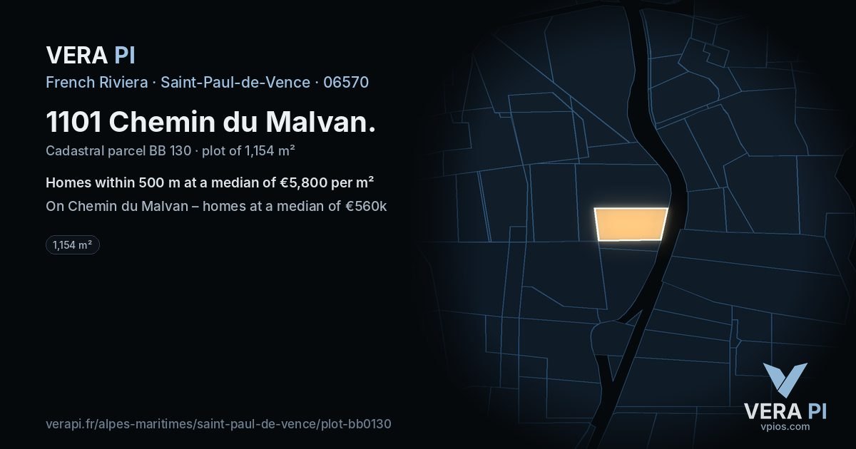1101 Chemin du Malvan, Saint-Paul-de-Vence at night – the plot lit, the parcels around coloured by the prices near them
