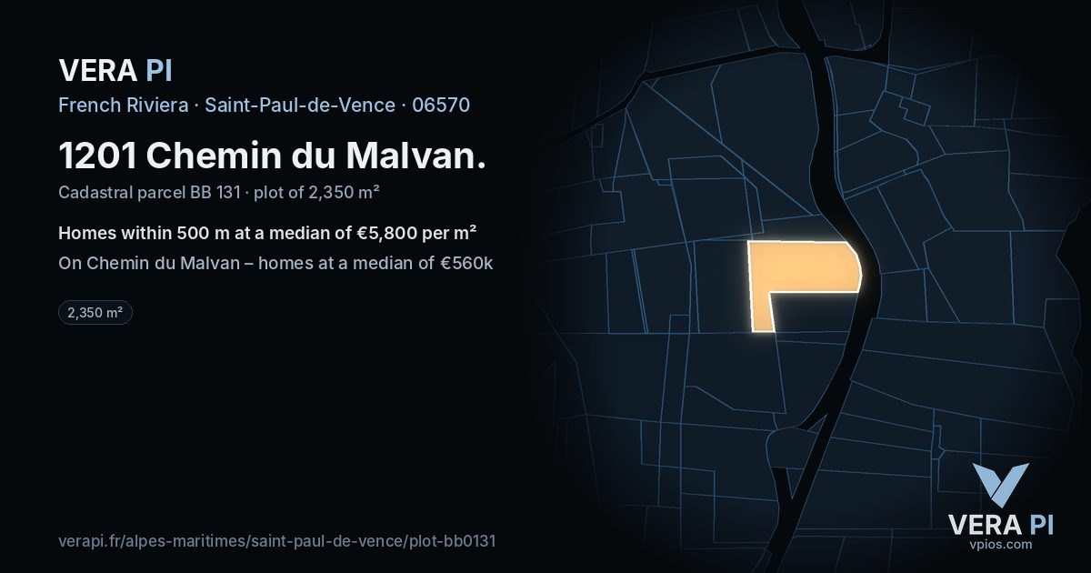 1201 Chemin du Malvan, Saint-Paul-de-Vence at night – the plot lit, the parcels around coloured by the prices near them