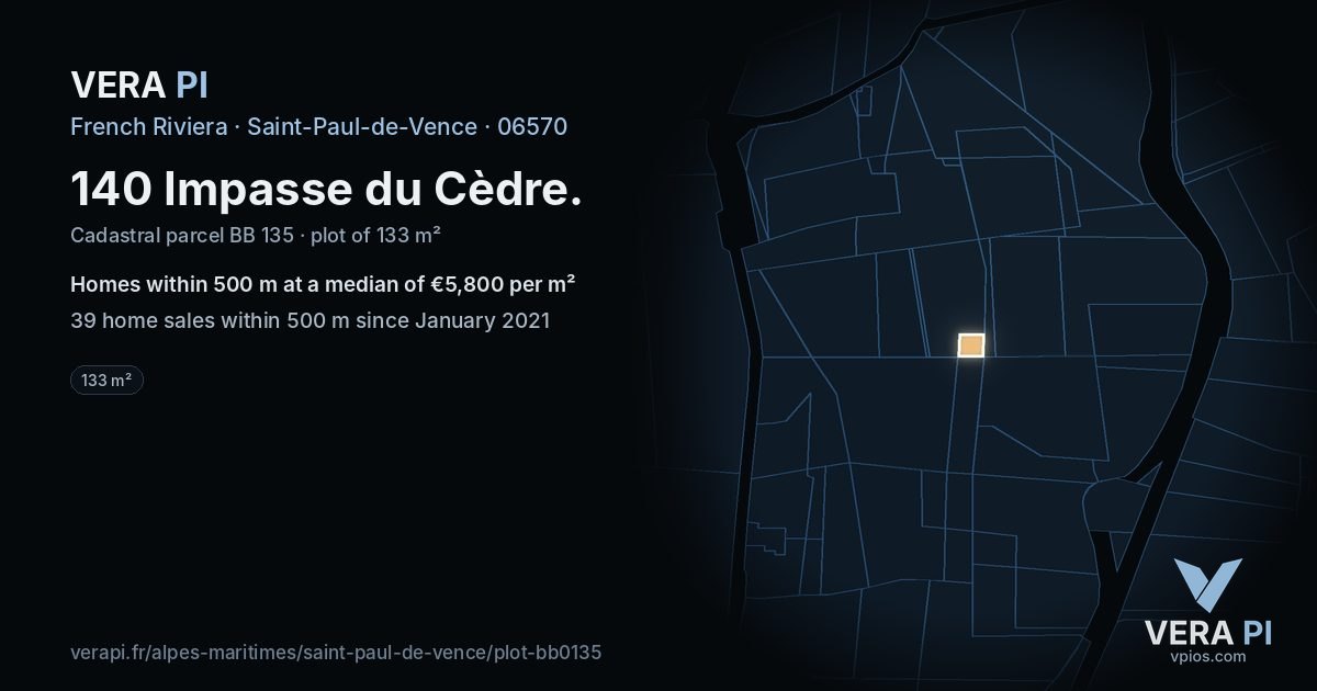 140 Impasse du Cèdre, Saint-Paul-de-Vence at night – the plot lit, the parcels around coloured by the prices near them