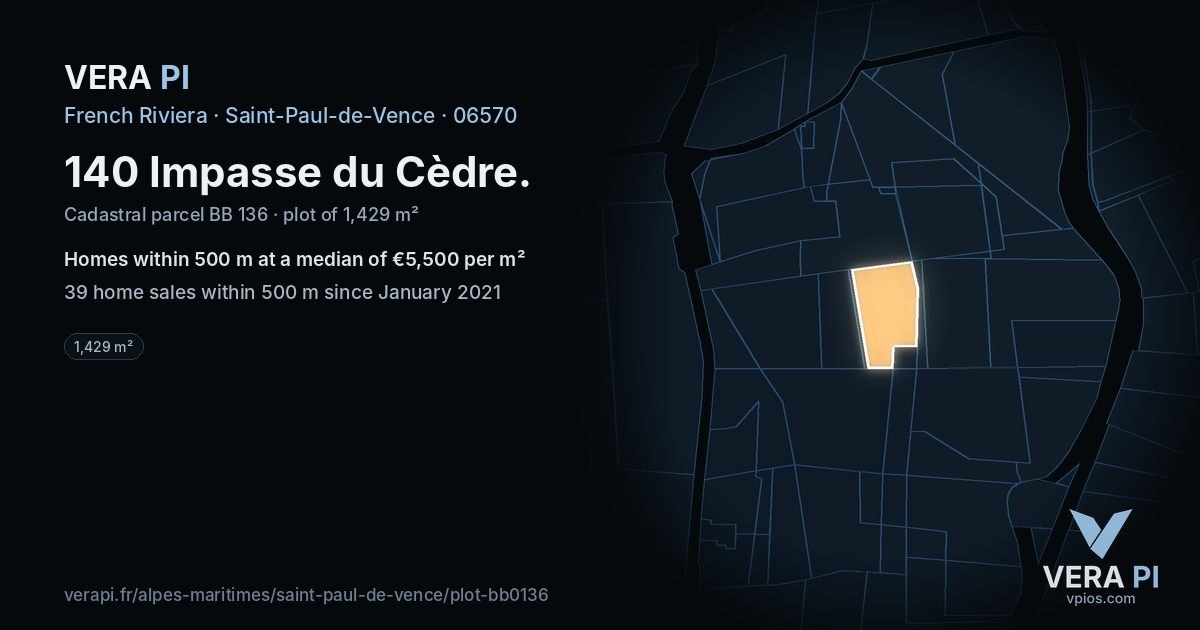 140 Impasse du Cèdre, Saint-Paul-de-Vence at night – the plot lit, the parcels around coloured by the prices near them