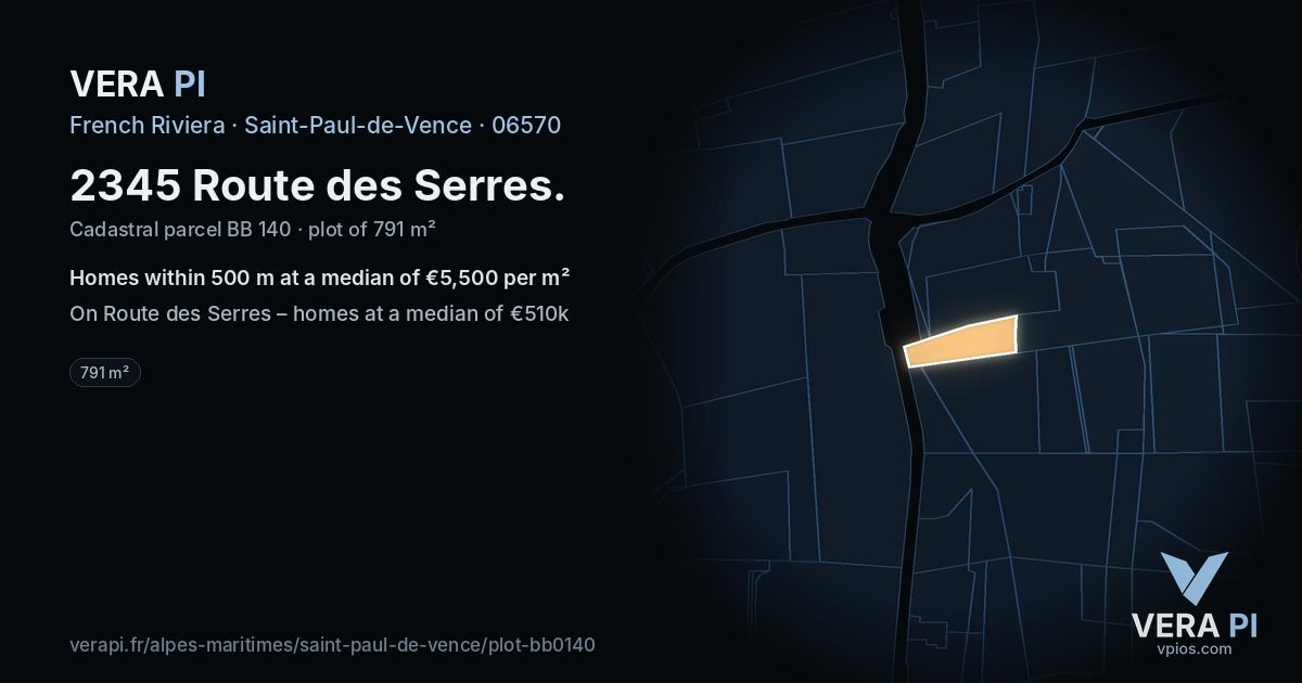 2345 Route des Serres, Saint-Paul-de-Vence at night – the plot lit, the parcels around coloured by the prices near them