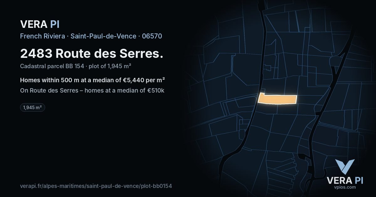 2483 Route des Serres, Saint-Paul-de-Vence at night – the plot lit, the parcels around coloured by the prices near them